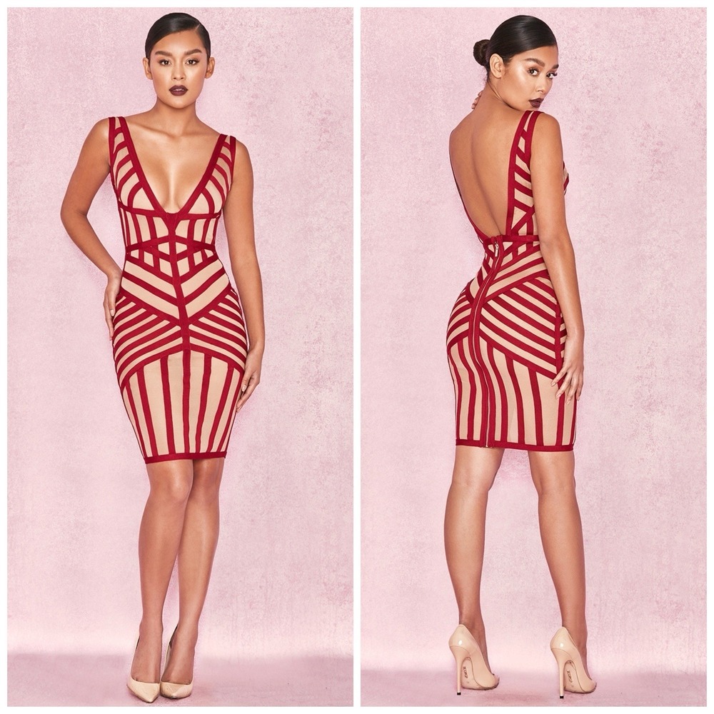 HOUSE OF CB London Genevieve Crimson Bandage And Beige Mesh‎ Dress